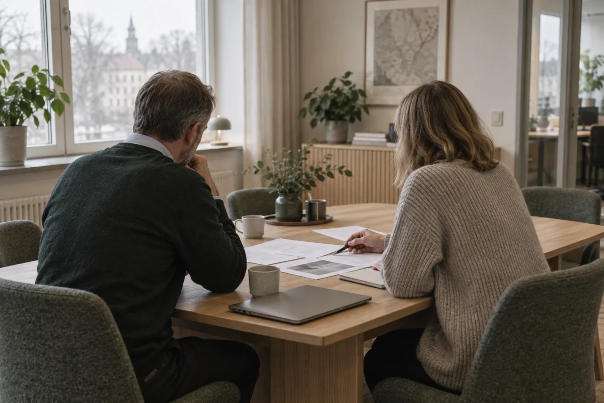 Två personer går igenom underlag vid ett mötesbord. AI-genererad miljöbild.