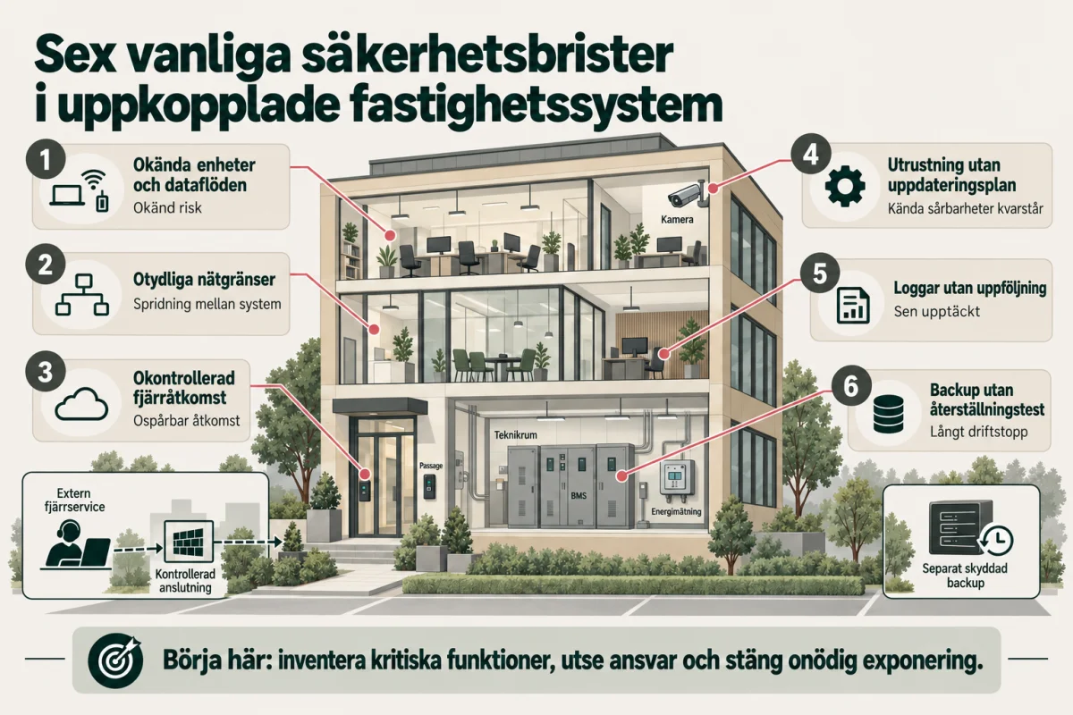 Översikt över sex säkerhetsbrister: okända enheter och dataflöden, otydliga nätgränser, okontrollerad fjärråtkomst, utrustning utan uppdateringsplan, loggar utan uppföljning och backup utan återställningstest. Fjärrservice passerar en kontrollerad anslutning; backup visas separat.