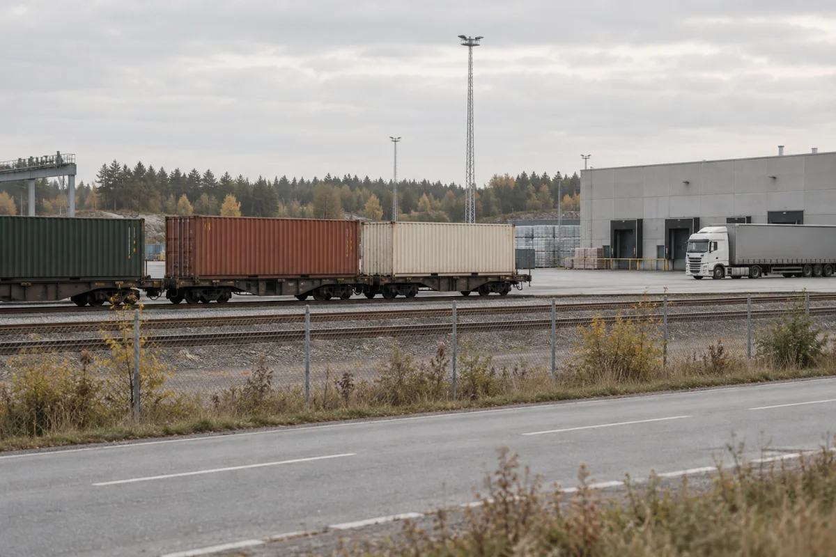 Godståg och lastbil vid en kombiterminal. AI-genererad miljöbild.