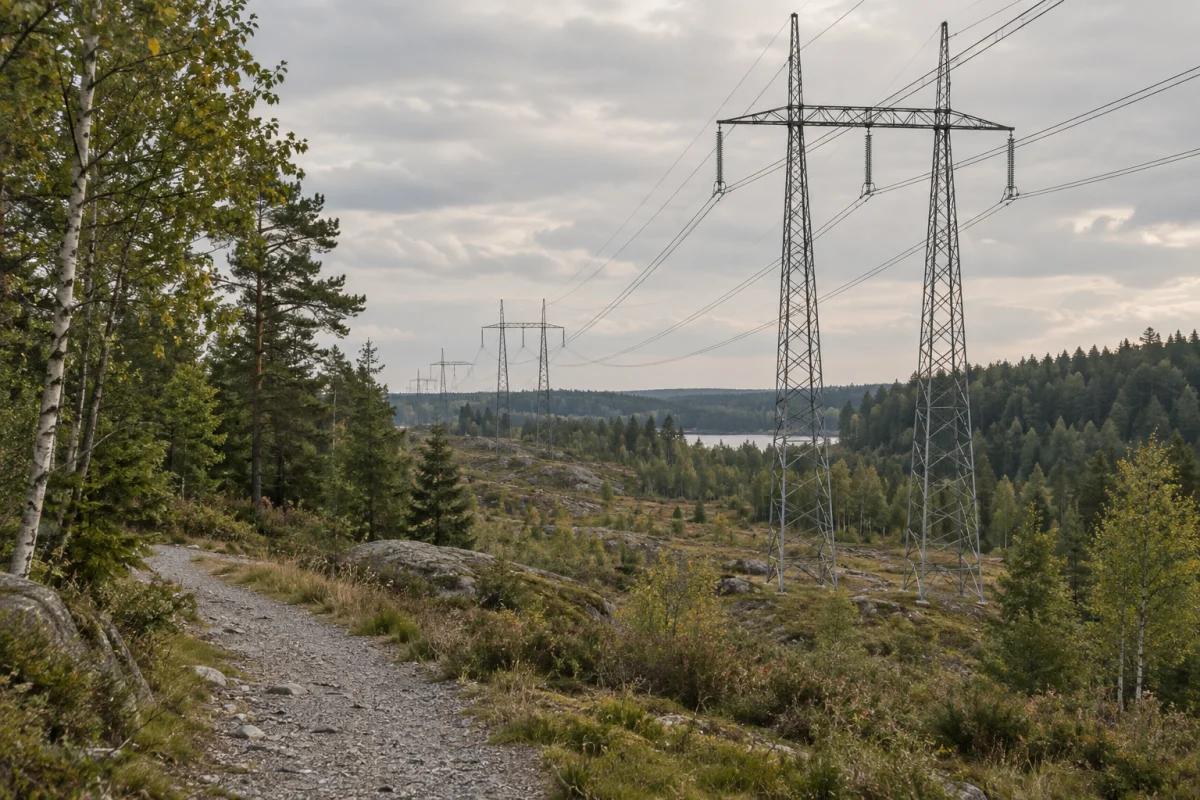 Kraftledningar genom ett nordiskt skogslandskap. AI-genererad miljöbild.