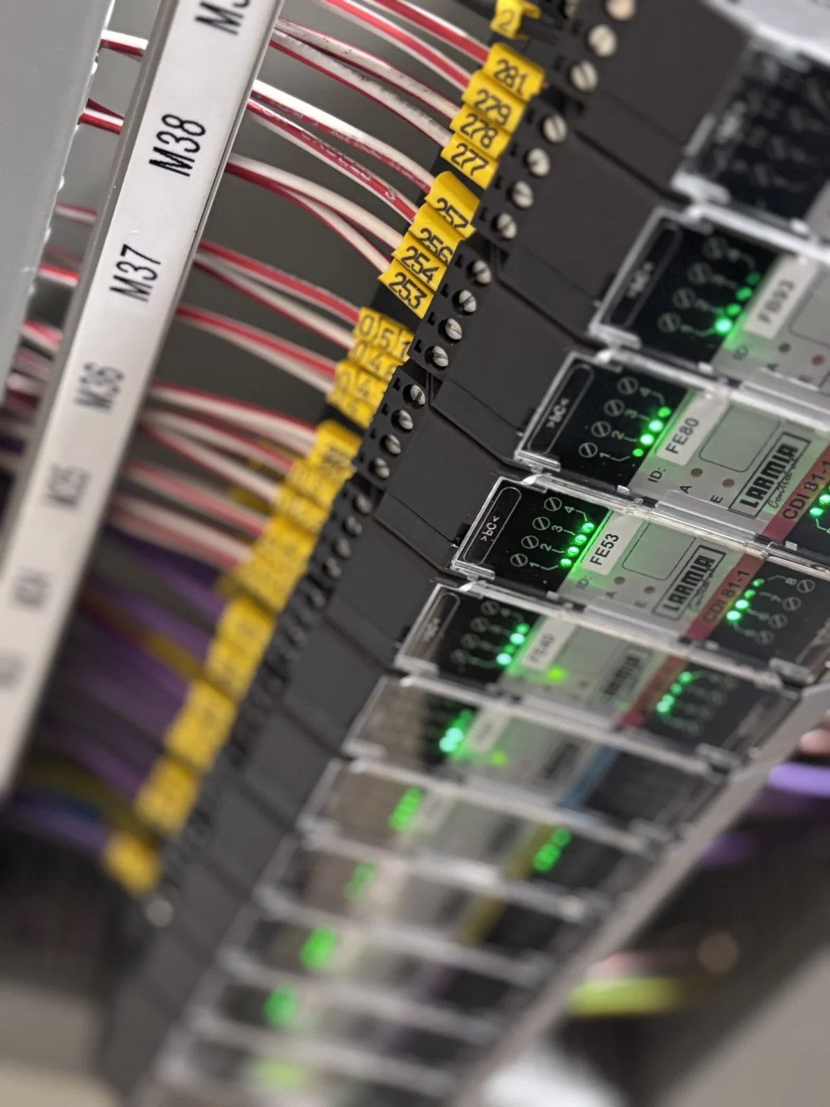 Anslutningsplintar, kablage och elektronikmoduler i ett automationsskåp.